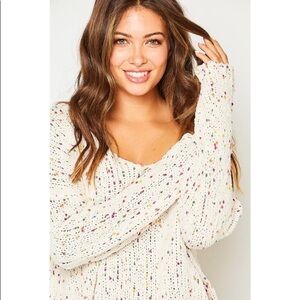 Relaxed Fit Speckled Knit Vneck Sweater